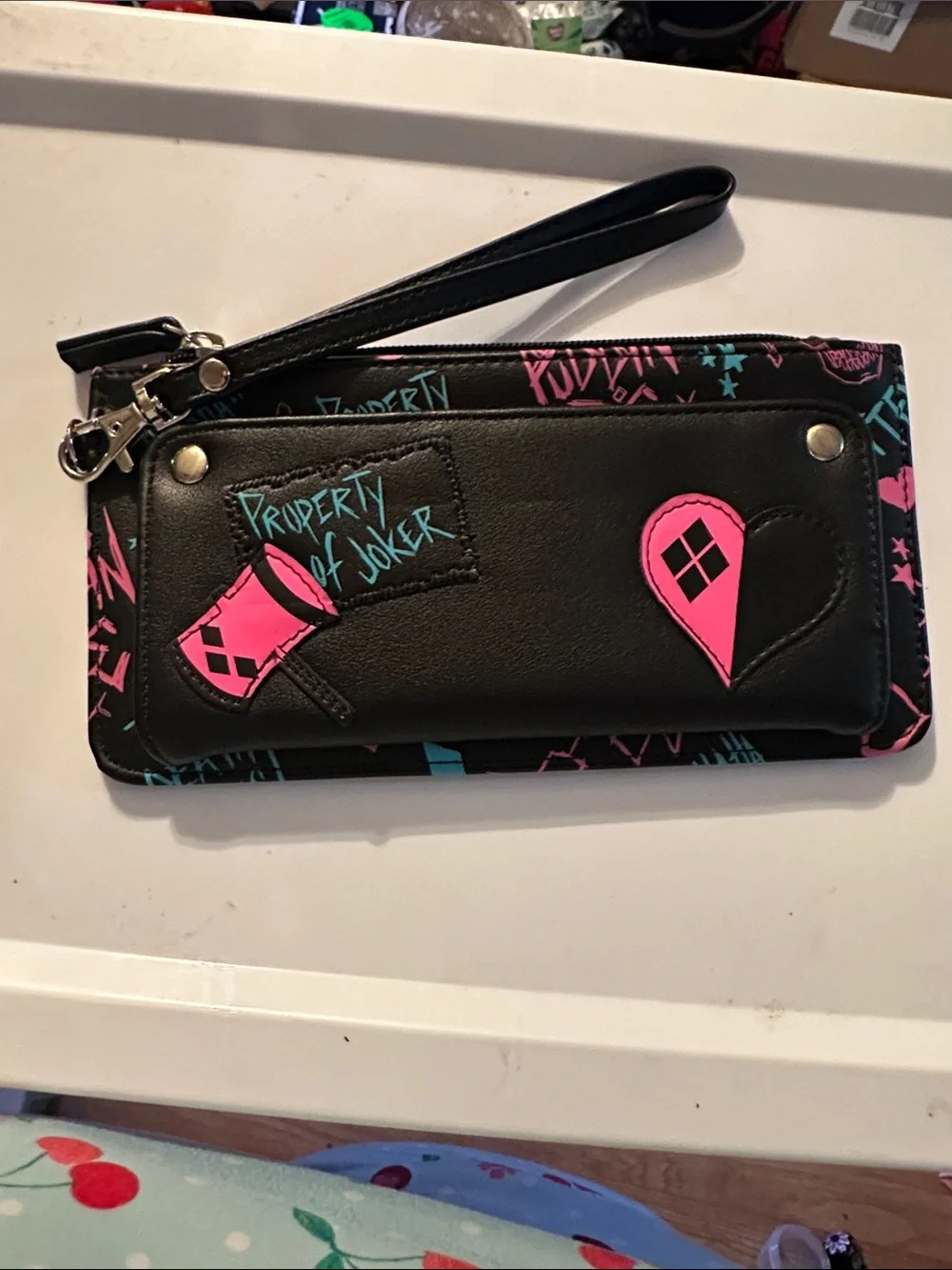 Harley Quinn 'Property of Joker' Black Wristlet wallet with Pink & Teal Accents